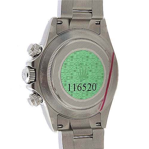 This image shows the back case and part of the bracelet of a Rolex Daytona 116520 Men's Stainless Steel Black Dial 116520 Men's Stainless Steel Black Dial watch, including the model number 116520.