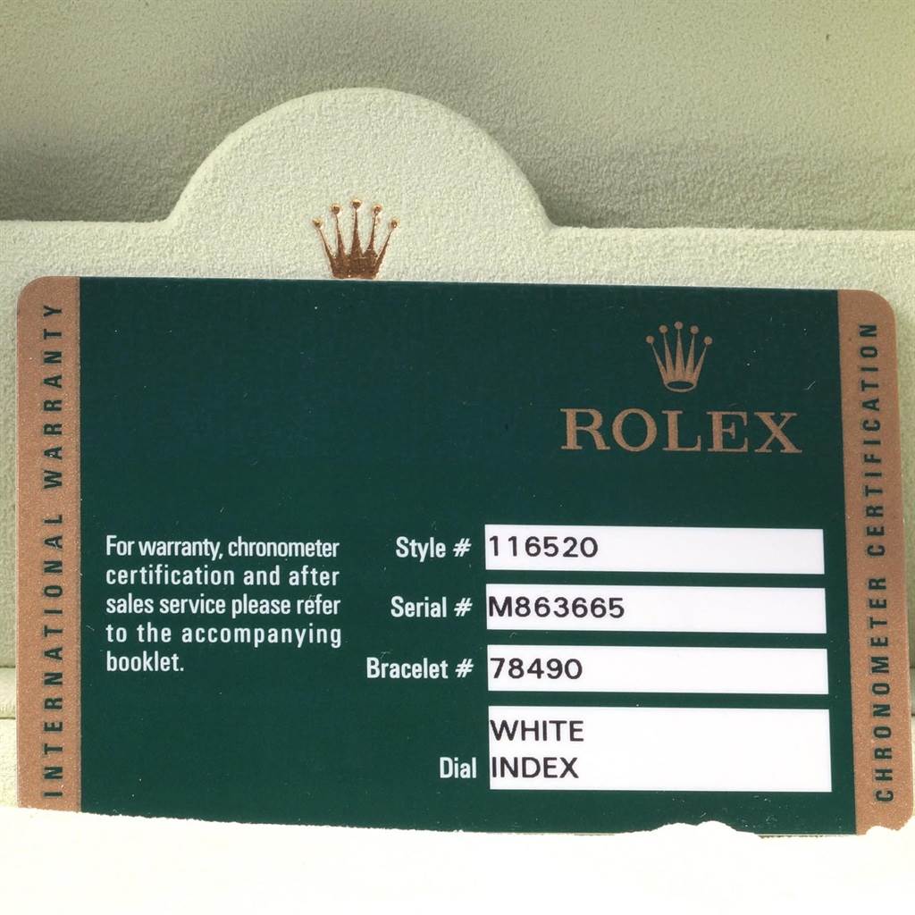 The image shows a warranty card for a Rolex Daytona 116520 Men's Stainless Steel White Dial 116520 Men's Stainless Steel White Dial watch, including style, serial, bracelet numbers, and dial information.