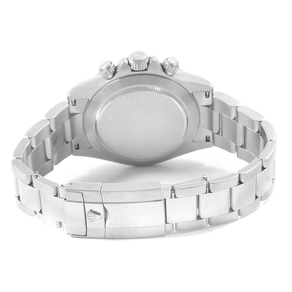 The image shows the back view of a Rolex Daytona 116520 Men's Stainless Steel White Dial 116520 Men's Stainless Steel White Dial watch, highlighting the caseback, bracelet, and clasp.