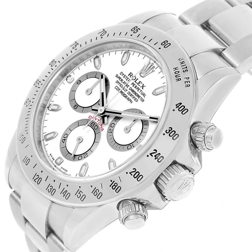 This image shows a side-angle view of the Rolex Daytona 116520 Men's Stainless Steel White Dial 116520 Men's Stainless Steel White Dial watch, highlighting its dial, bezel, crown, and pushers.