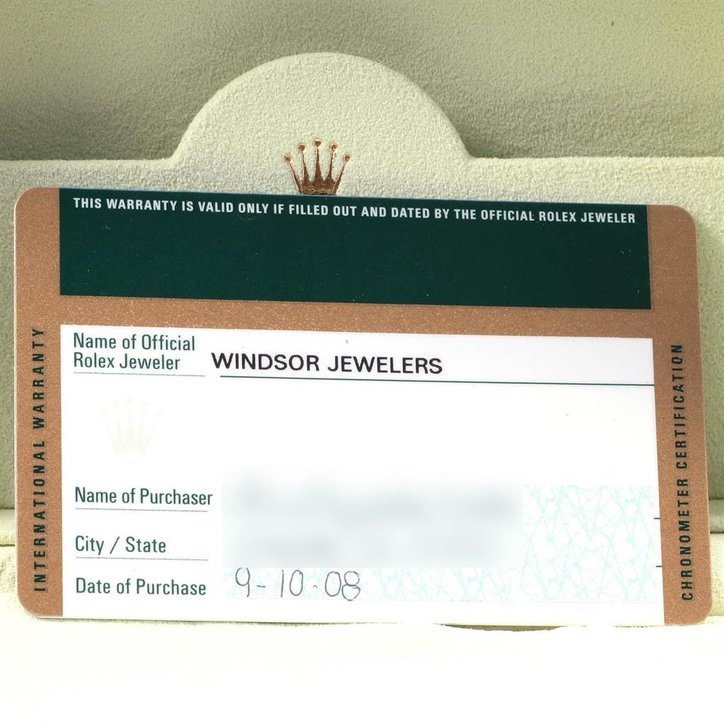This image shows the warranty card for a Rolex Daytona 116520 Men's Stainless Steel White Dial 116520 Men's Stainless Steel White Dial watch, issued by Windsor Jewelers dated 9-10-08.