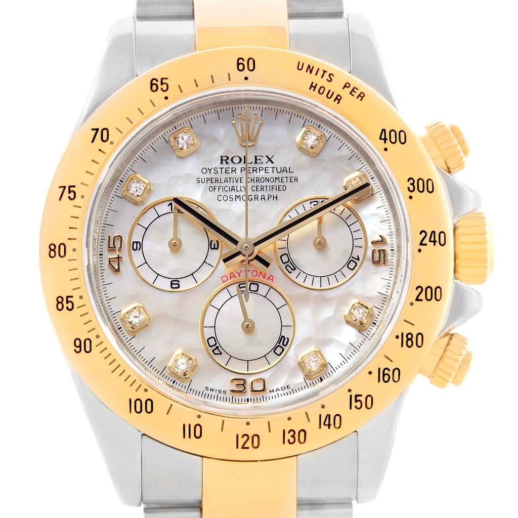This image shows a front view of a Rolex Daytona 116523 Men
s Steel and Gold (two tone) Mother of Pearl Dial 116523 Men
s Steel and Gold (two tone) Mother of Pearl Dial watch featuring the dial, bezel, and crown.