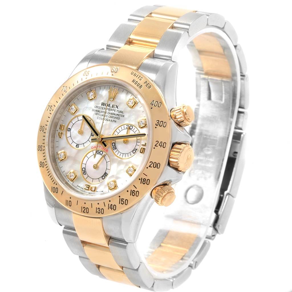 This image shows a frontal angle of a Rolex Daytona 116523 Men
s Steel and Gold (two tone) Mother of Pearl Dial 116523 Men
s Steel and Gold (two tone) Mother of Pearl Dial watch, highlighting its bezel, dial, subdials, and bracelet.