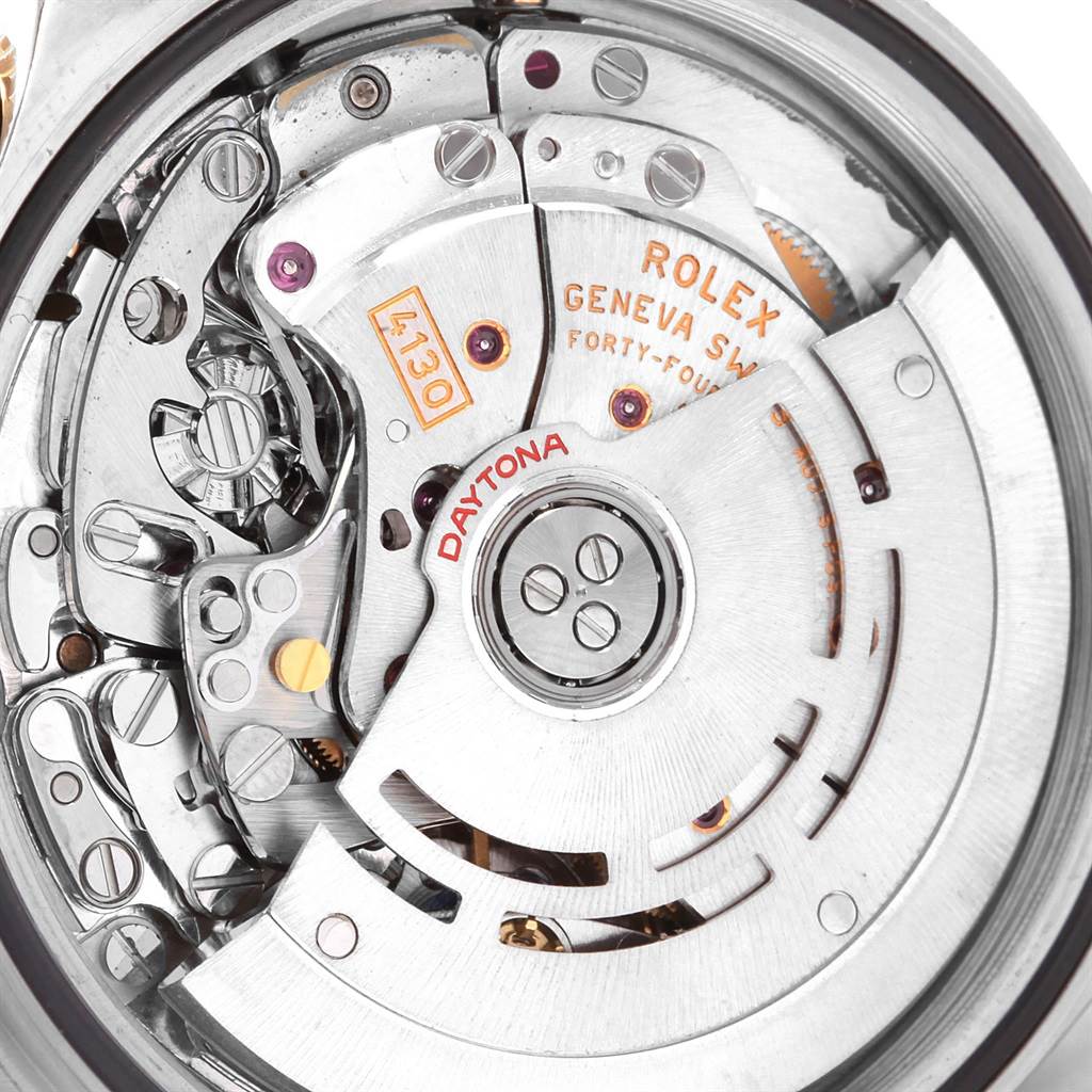 This image shows the back view of a Rolex Daytona 116523 Men
s Steel and Gold (two tone) Mother of Pearl Dial 116523 Men
s Steel and Gold (two tone) Mother of Pearl Dial watch, highlighting its intricate movement mechanism.