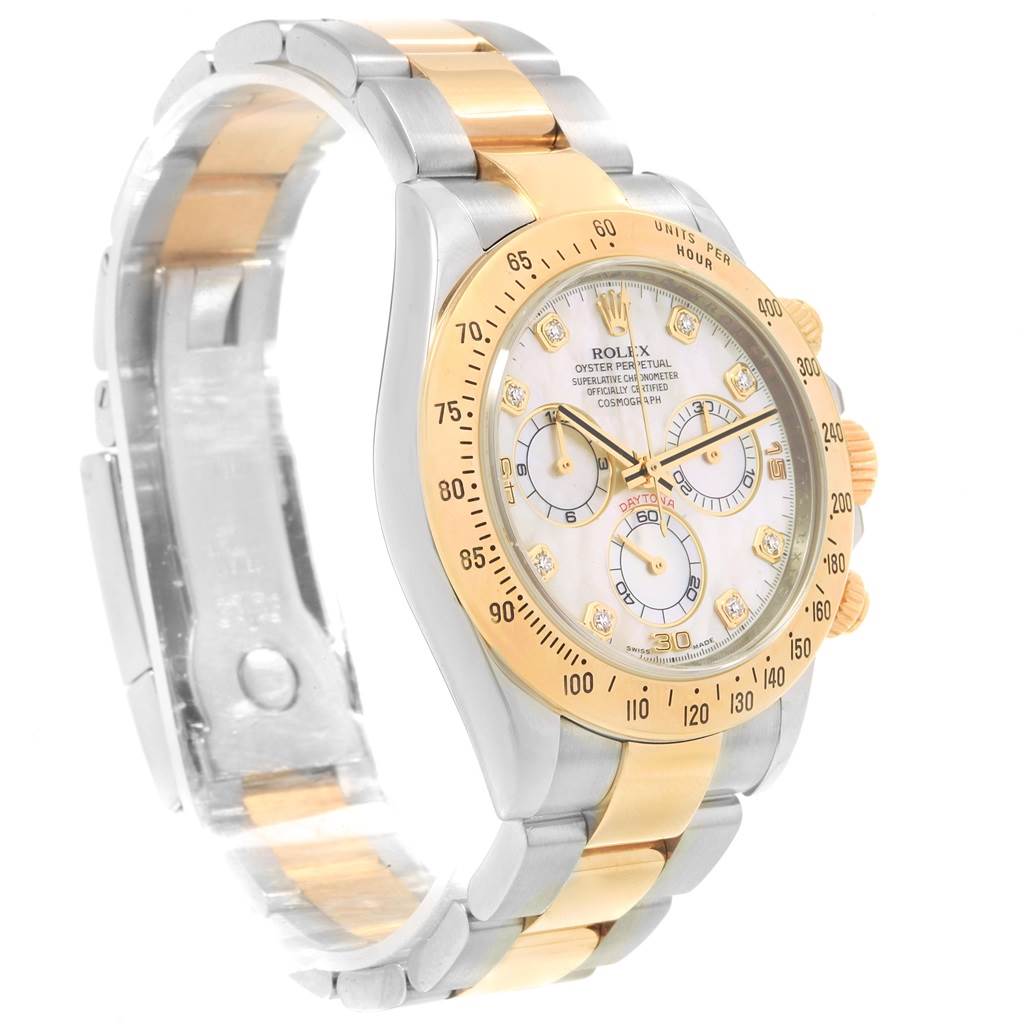 The image shows a side and front view of a Rolex Daytona 116523 Men
s Steel and Gold (two tone) Mother of Pearl Dial 116523 Men
s Steel and Gold (two tone) Mother of Pearl Dial watch highlighting its dial, bezel, pushers, and two-tone bracelet.