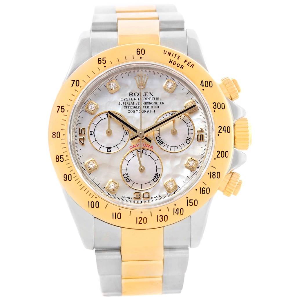 The image shows a front view of the Rolex Daytona 116523 Men
s Steel and Gold (two tone) Mother of Pearl Dial 116523 Men
s Steel and Gold (two tone) Mother of Pearl Dial watch with gold and silver accents and its detailed dial features.