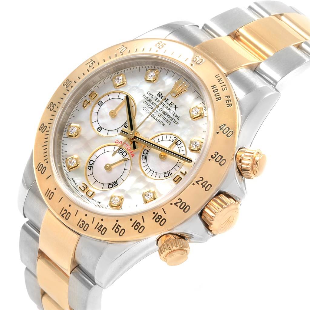 This Rolex Daytona 116523 Men
s Steel and Gold (two tone) Mother of Pearl Dial 116523 Men
s Steel and Gold (two tone) Mother of Pearl Dial watch is shown at an oblique angle, featuring the face, bezel, crown, and part of the bracelet.