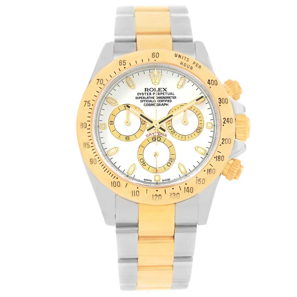 The image shows a frontal view of a Rolex Daytona 116523 Men's Steel and Gold (two tone) White Dial 116523 Men's Steel and Gold (two tone) White Dial watch, highlighting its gold and silver bracelet, bezel, and chronograph sub-dials.