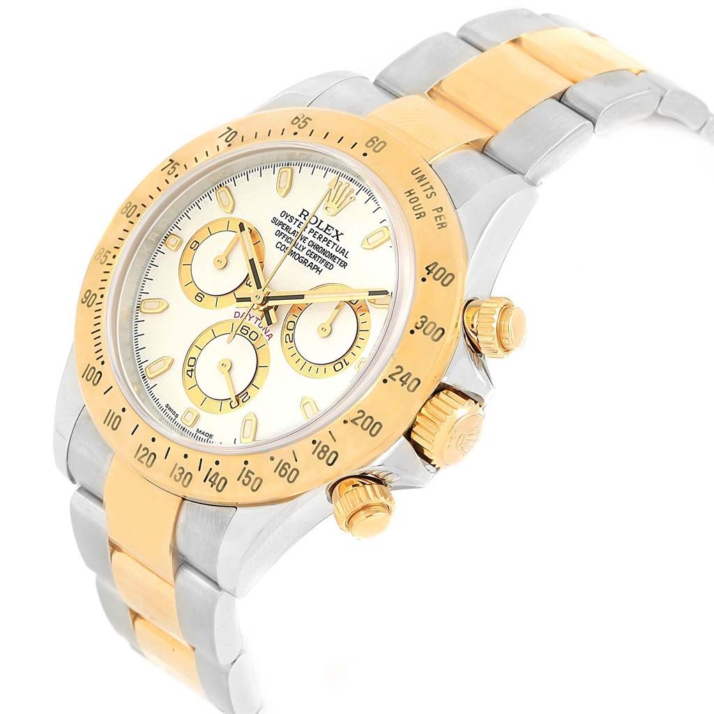 This image shows a Rolex Daytona 116523 Men's Steel and Gold (two tone) White Dial 116523 Men's Steel and Gold (two tone) White Dial watch at a three-quarter angle, highlighting the dial, bezel, crown, and part of the bracelet.