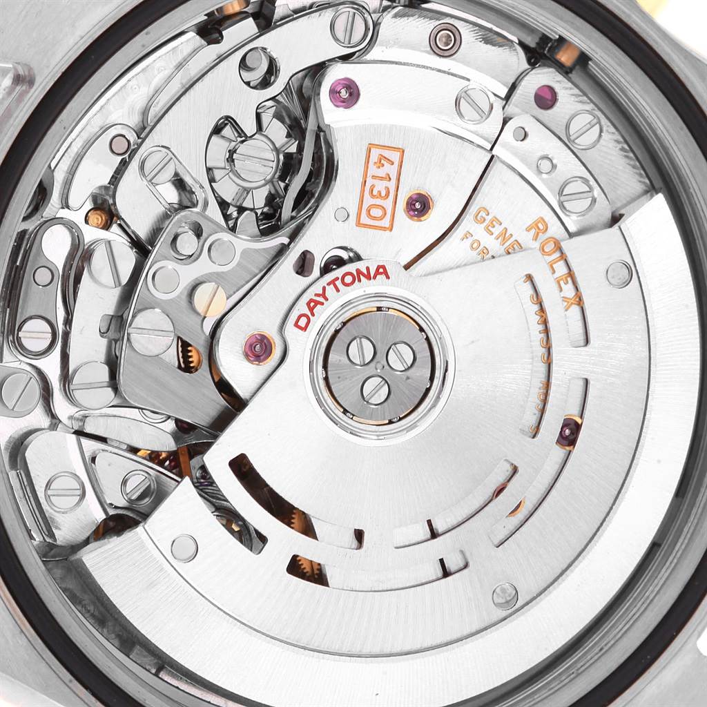 This image shows a close-up of the Rolex Daytona 116523 Men's Steel and Gold (two tone) White Dial 116523 Men's Steel and Gold (two tone) White Dial watch's movement, specifically the intricate internal mechanics.