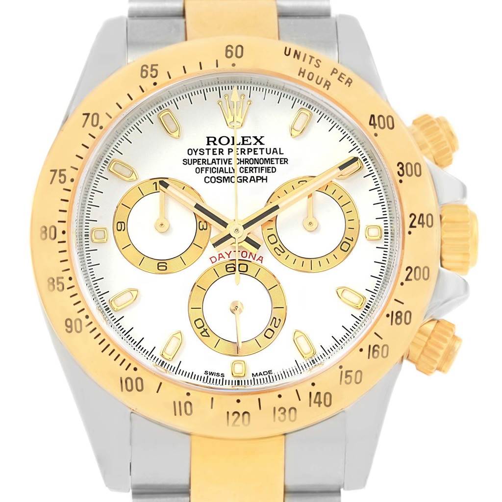 The image shows a Rolex Daytona 116523 Men's Steel and Gold (two tone) White Dial 116523 Men's Steel and Gold (two tone) White Dial watch from a front view, highlighting the dial, subdials, crown, and bezel.