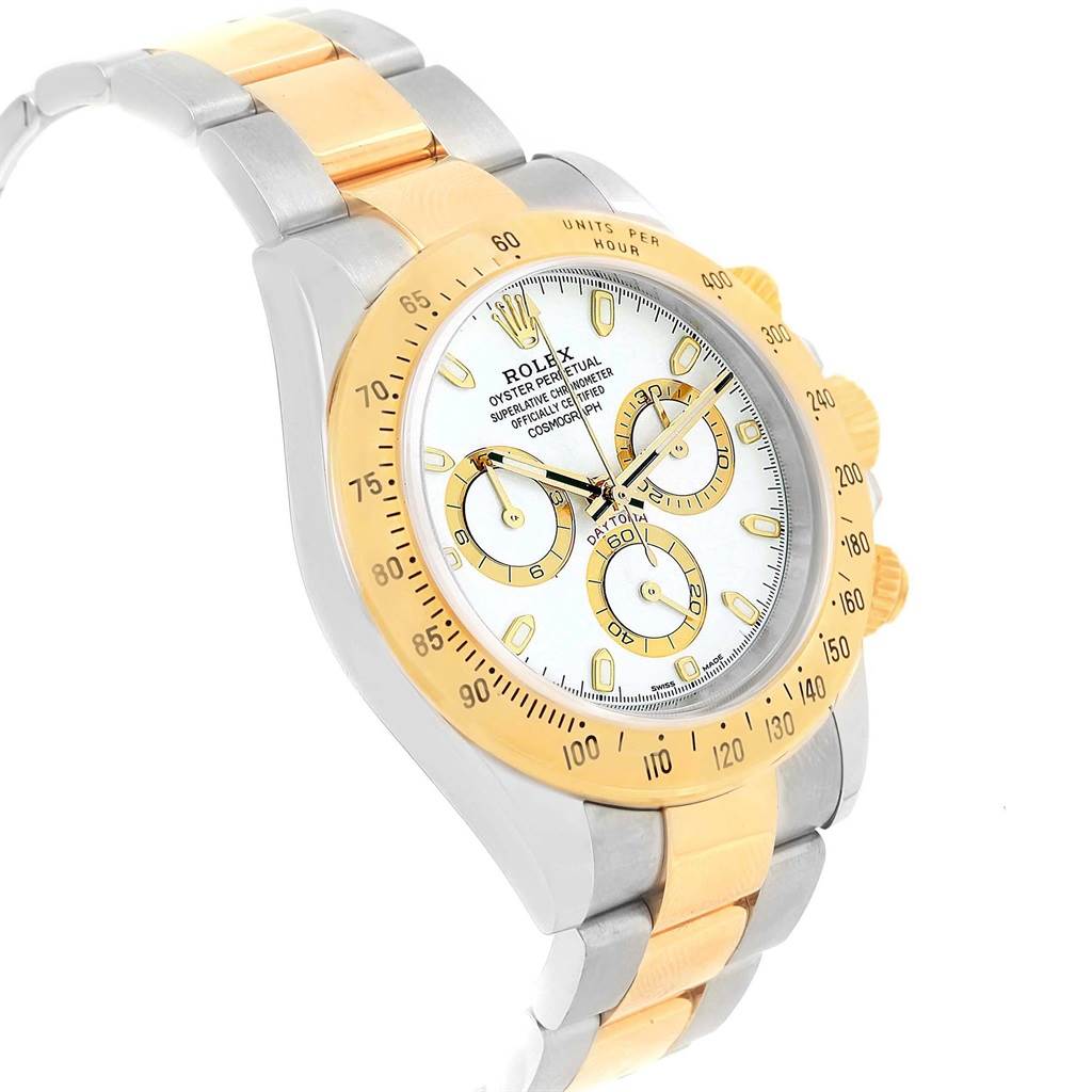 The Rolex Daytona 116523 Men's Steel and Gold (two tone) White Dial 116523 Men's Steel and Gold (two tone) White Dial watch is shown at a front three-quarter angle, highlighting its face, bezel, and bracelet.