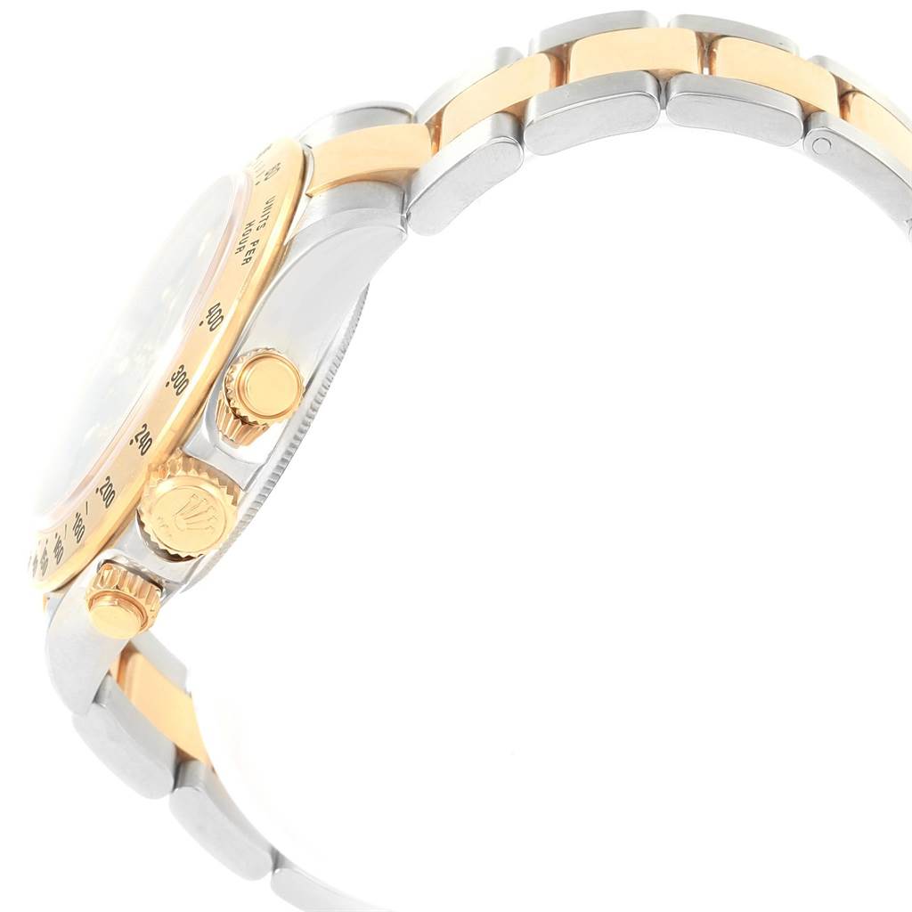 Side view of the Rolex Daytona 116523 Men's Steel and Gold (two tone) Grey Dial 116523 Men's Steel and Gold (two tone) Grey Dial watch, showcasing the gold bezel, crown, and two-tone bracelet.