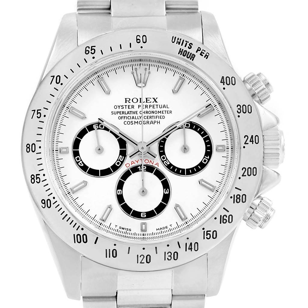This image shows a front view of a Rolex Daytona 16520 Men's Stainless Steel White Dial 16520 Men's Stainless Steel White Dial watch, displaying its dial, bezel, and part of the bracelet.
