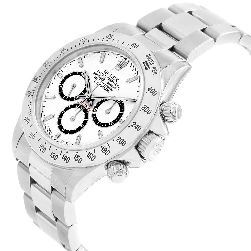 The image shows a side and front angle of the Rolex Daytona 16520 Men's Stainless Steel White Dial 16520 Men's Stainless Steel White Dial watch, highlighting the bezel, dial, bracelet, and chronograph buttons.