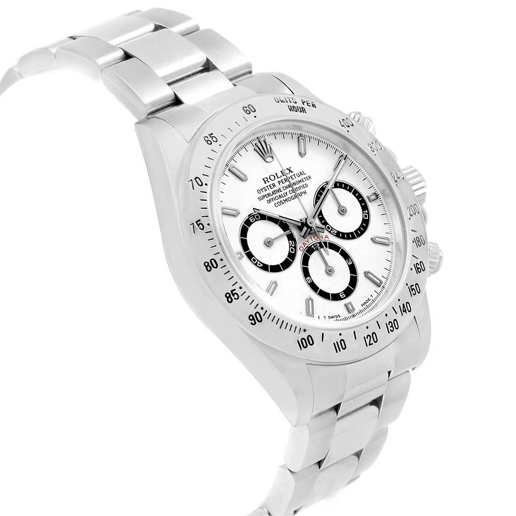 The image shows a Rolex Daytona 16520 Men's Stainless Steel White Dial 16520 Men's Stainless Steel White Dial watch at a three-quarter angle highlighting the face, bezel, and bracelet.
