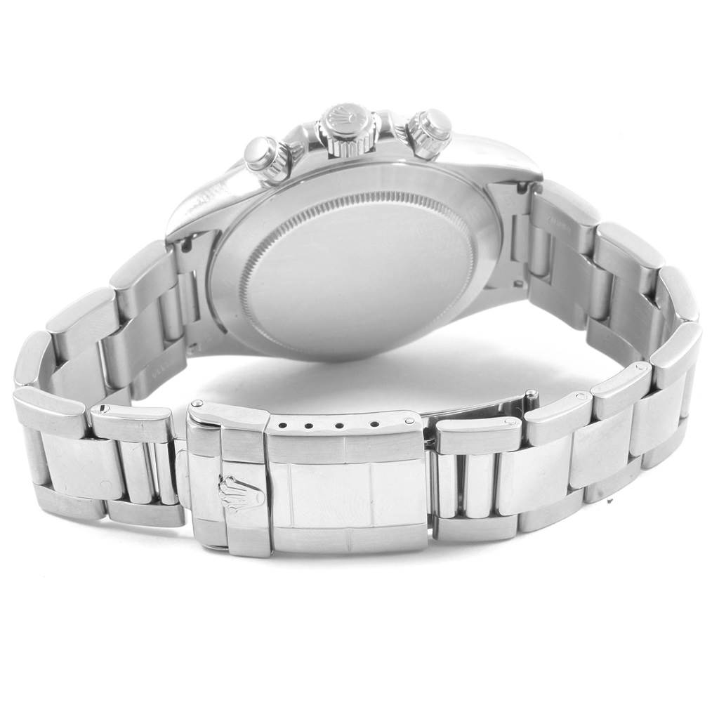 The image shows the back view of a Rolex Daytona 16520 Men's Stainless Steel White Dial 16520 Men's Stainless Steel White Dial watch, highlighting its clasp and stainless steel bracelet.