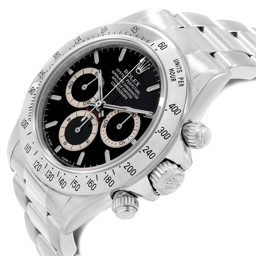 The image shows a close-up angle of a Rolex Daytona 16520 Men's Stainless Steel Black Dial 16520 Men's Stainless Steel Black Dial watch, highlighting the face, bezel, crown, and part of the bracelet.