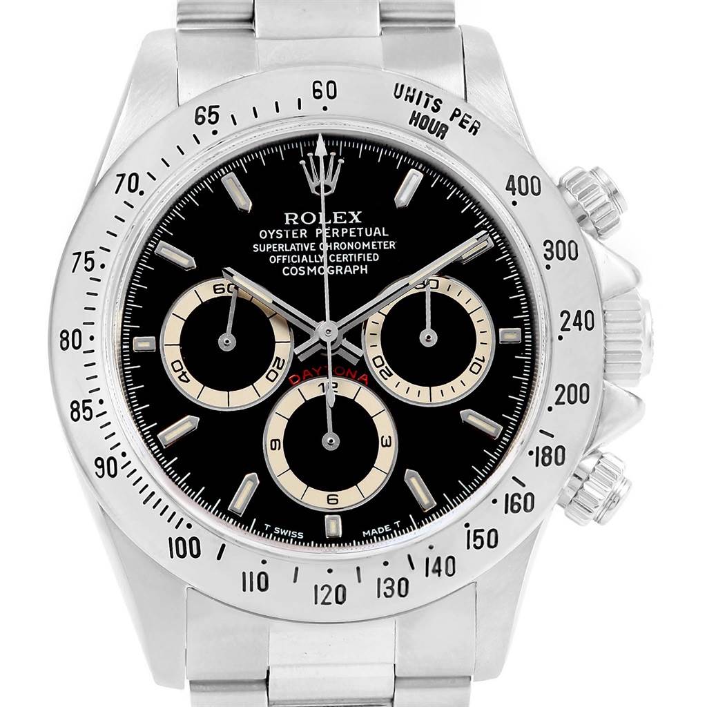 This image shows the front view of a Rolex Daytona 16520 Men's Stainless Steel Black Dial 16520 Men's Stainless Steel Black Dial watch, highlighting the dial, chronograph subdials, and bezel.