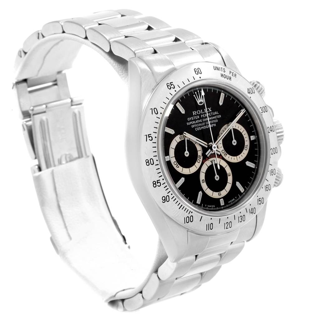 The image shows a Rolex Daytona 16520 Men's Stainless Steel Black Dial 16520 Men's Stainless Steel Black Dial watch at a side angle, highlighting the bezel, dial, subdials, and bracelet.