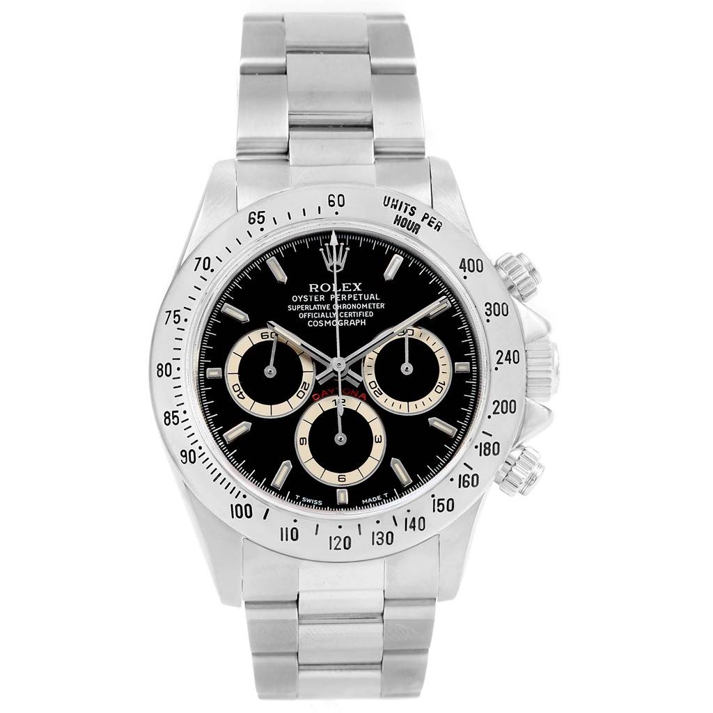 The Rolex Daytona 16520 Men's Stainless Steel Black Dial 16520 Men's Stainless Steel Black Dial watch is shown from the front, highlighting the dial, three subdials, bezel, crown, and full bracelet.