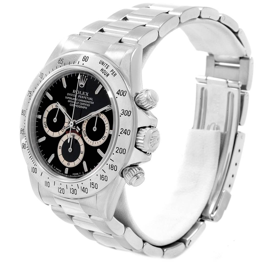 The image shows a side angle of the Rolex Daytona 16520 Men's Stainless Steel Black Dial 16520 Men's Stainless Steel Black Dial watch, highlighting the dial, bezel, crown, pushers, and bracelet.
