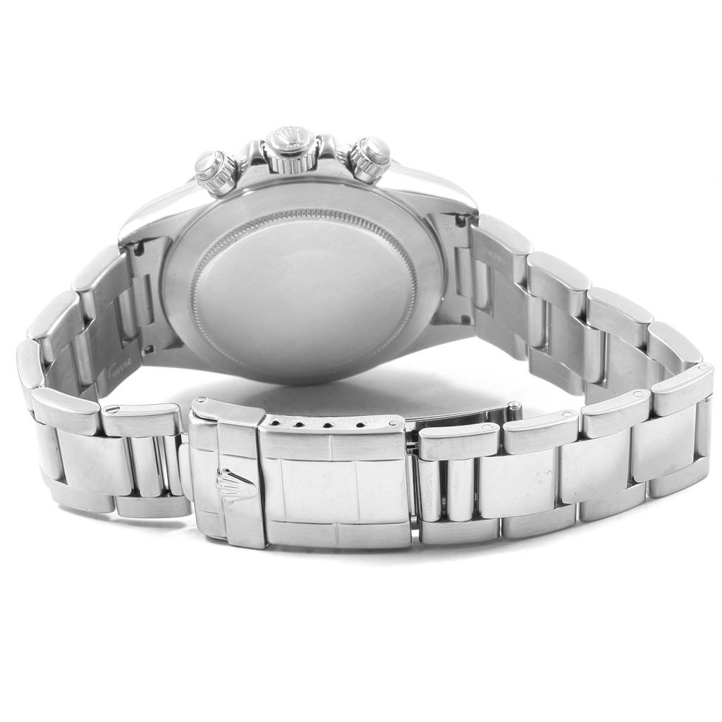 This image shows the back of a Rolex Daytona 16520 Men's Stainless Steel Black Dial 16520 Men's Stainless Steel Black Dial watch including the case back, bracelet, and clasp.