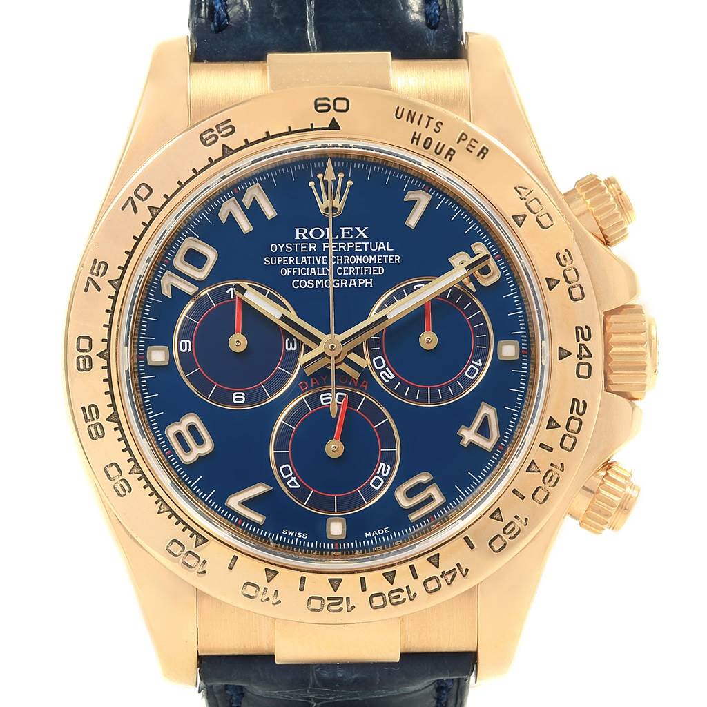 The image shows a front view of the Rolex Daytona 116518 Men's Yellow Gold Blue Dial 116518 Men's Yellow Gold Blue Dial watch, highlighting its dial, bezel, and chronograph subdials.