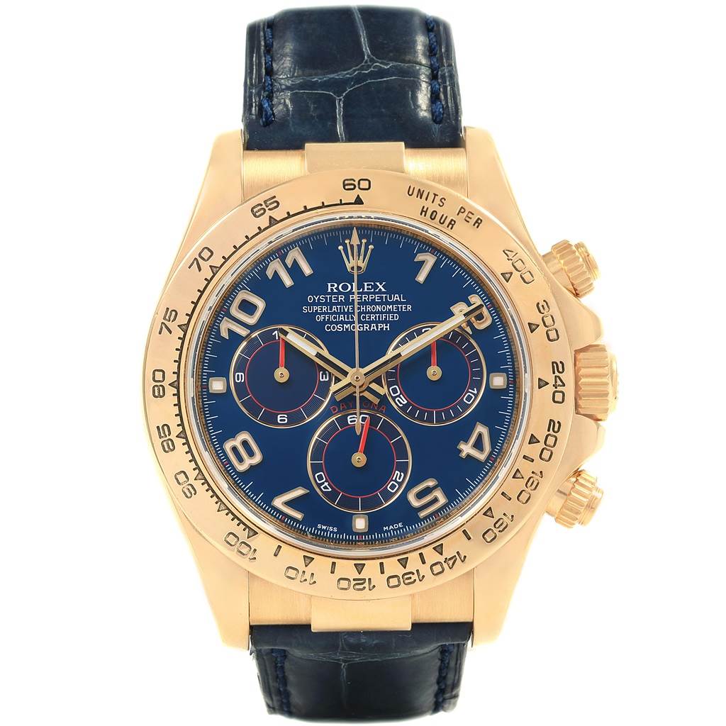 This image shows a front view of the Rolex Daytona 116518 Men's Yellow Gold Blue Dial 116518 Men's Yellow Gold Blue Dial watch with a blue dial, gold case, and dark leather strap.