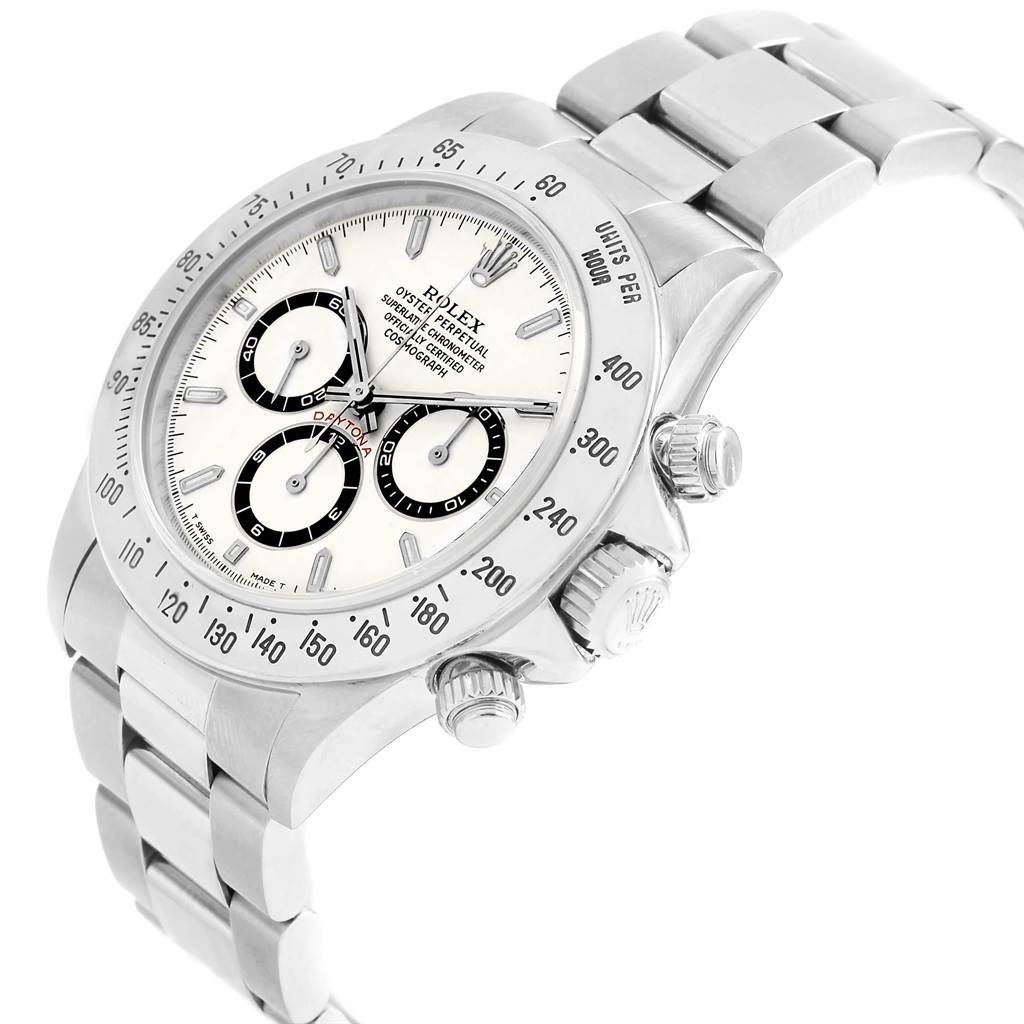 The image shows the Rolex Daytona 16520 Men's Stainless Steel White Dial 16520 Men's Stainless Steel White Dial watch at a slight angle, highlighting its face, side buttons, and metal bracelet.