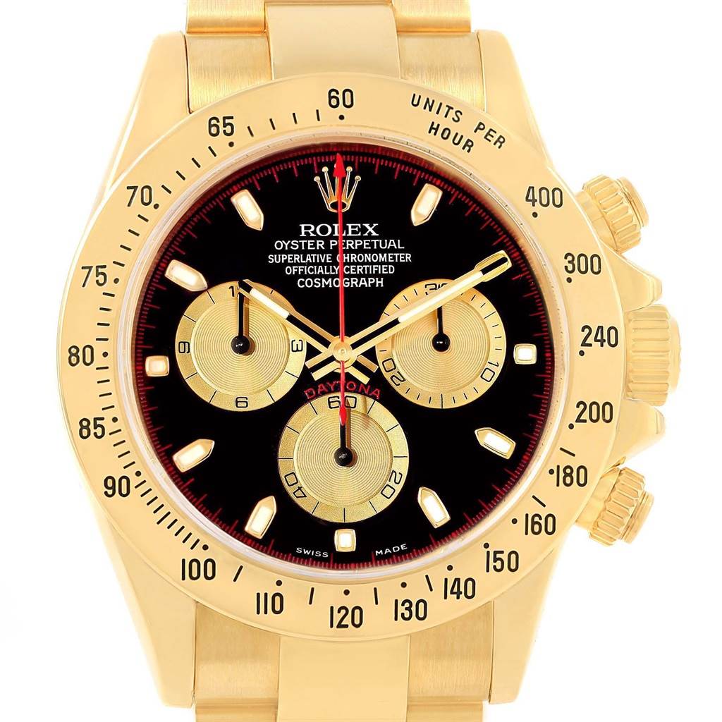 This image shows a close-up, frontal view of the Rolex Daytona 116528 Men's Yellow Gold Black Dial 116528 Men's Yellow Gold Black Dial watch with its dial, bezel, and side buttons visible.