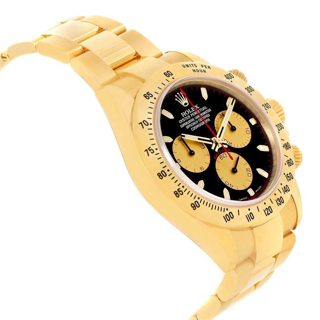 The image shows a side angle of a Rolex Daytona 116528 Men's Yellow Gold Black Dial 116528 Men's Yellow Gold Black Dial watch, highlighting its gold bracelet, bezel, and dial with sub-dials.