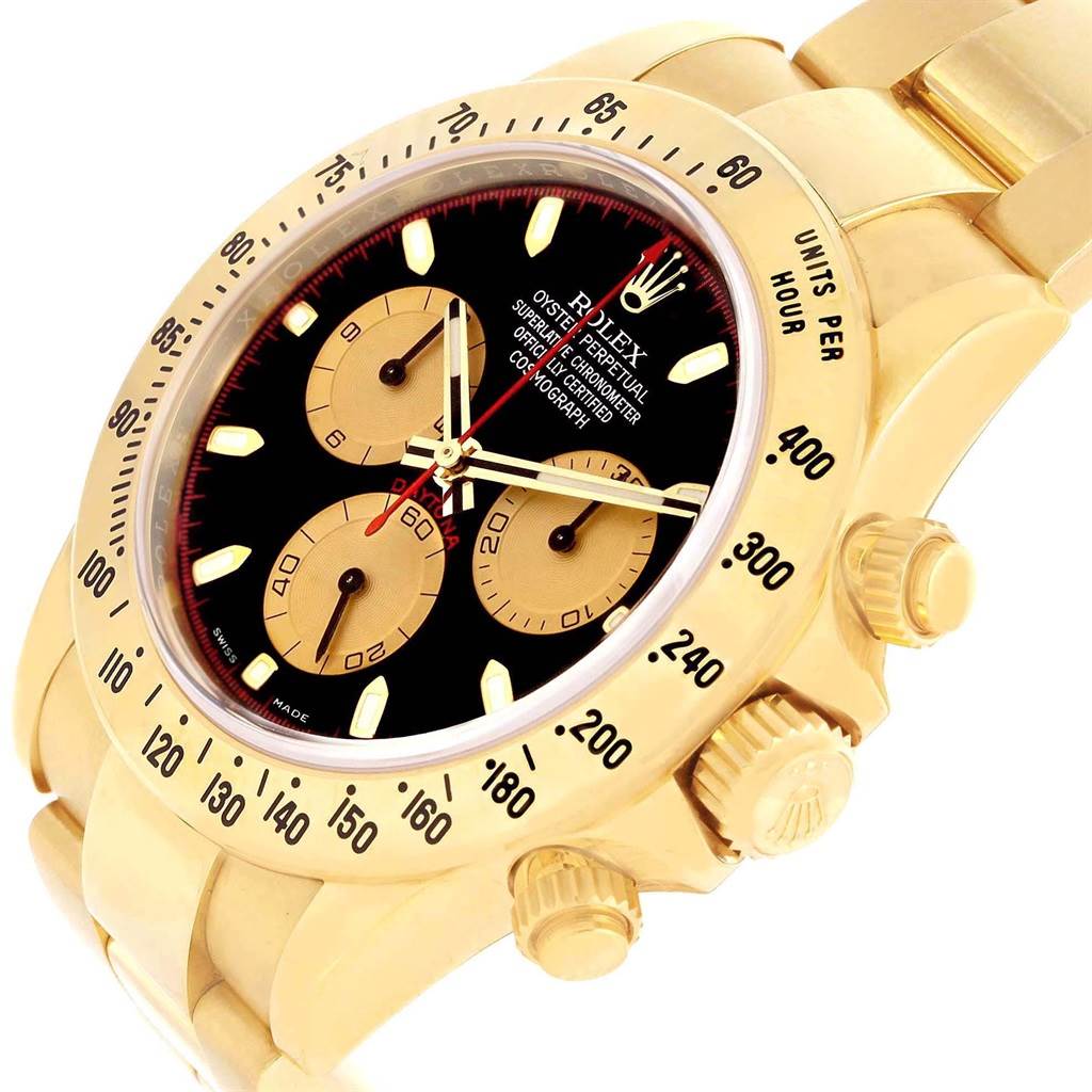 The image shows a close-up angle of the Rolex Daytona 116528 Men's Yellow Gold Black Dial 116528 Men's Yellow Gold Black Dial watch highlighting its dial, bezel, and crown.