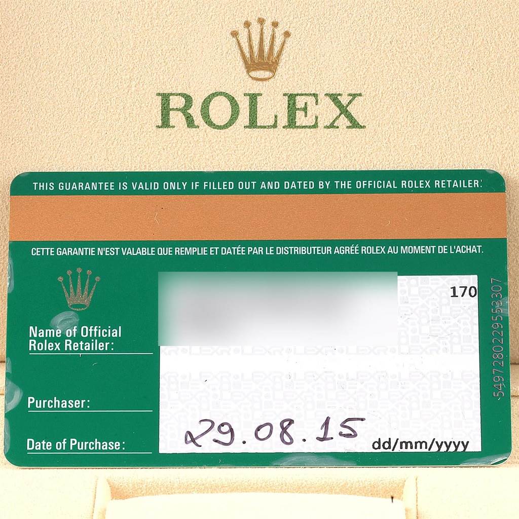 The image shows a warranty card for a Rolex Daytona 116523 Men's Steel and Gold (two tone) White Dial 116523 Men's Steel and Gold (two tone) White Dial watch, featuring the Rolex logo and purchase details.