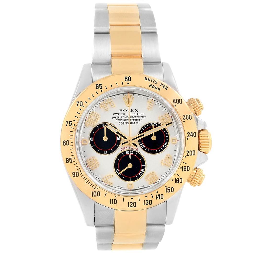 The image shows a front view of a Rolex Daytona 116523 Men's Steel and Gold (two tone) White Dial 116523 Men's Steel and Gold (two tone) White Dial watch, showcasing its face, crown, chronograph buttons, and two-tone bracelet.