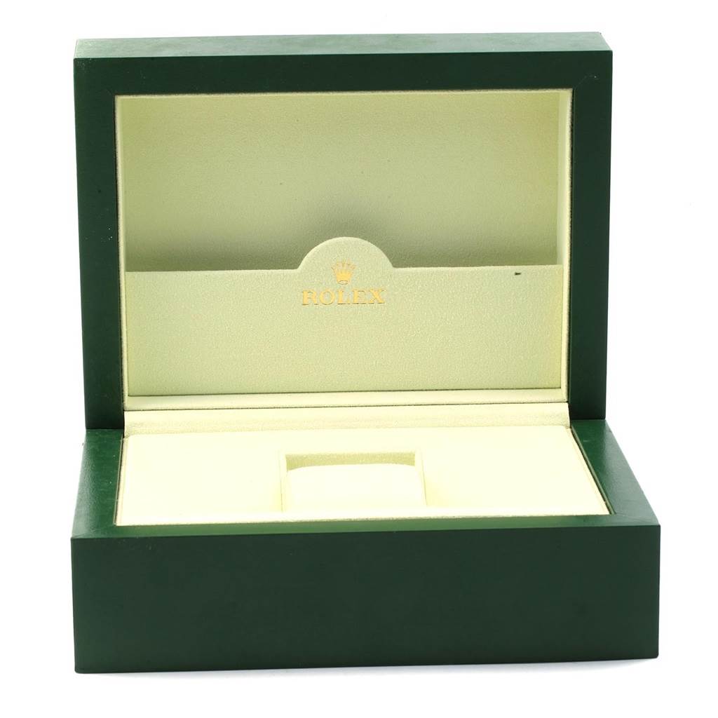 This image shows the open green and beige watch box for the Rolex Daytona 116523 Men's Steel and Gold (two tone) Grey Dial 116523 Men's Steel and Gold (two tone) Grey Dial model, displaying the interior and Rolex logo.