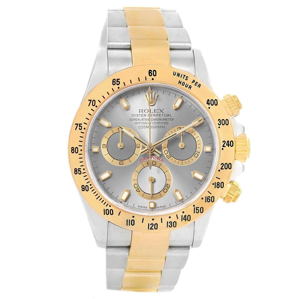The image shows a front view of a Rolex Daytona 116523 Men's Steel and Gold (two tone) Grey Dial 116523 Men's Steel and Gold (two tone) Grey Dial watch, featuring its bezel, dial, hands, subdials, and two-tone bracelet.