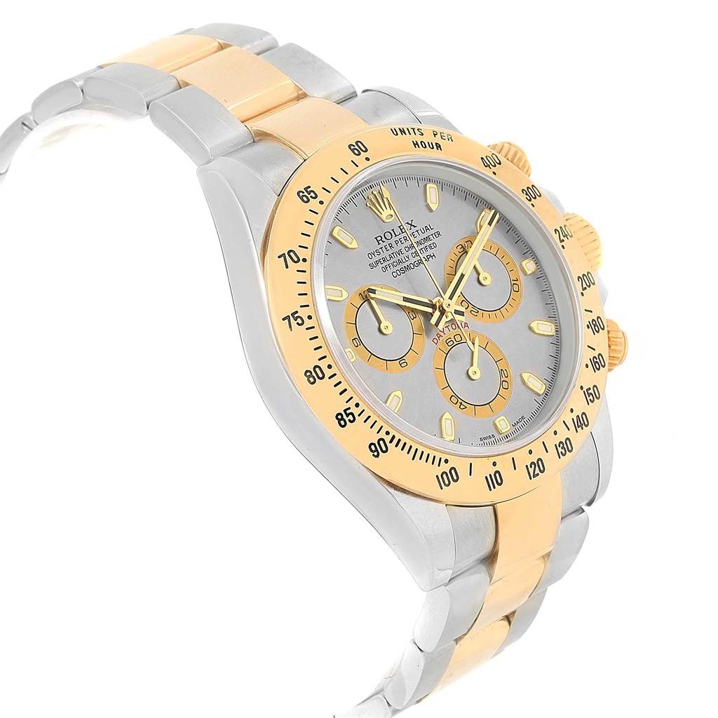 This image shows a two-tone Rolex Daytona 116523 Men's Steel and Gold (two tone) Grey Dial 116523 Men's Steel and Gold (two tone) Grey Dial watch from a slight angled side view, featuring the bezel, dial, chronograph subdials, and bracelet.
