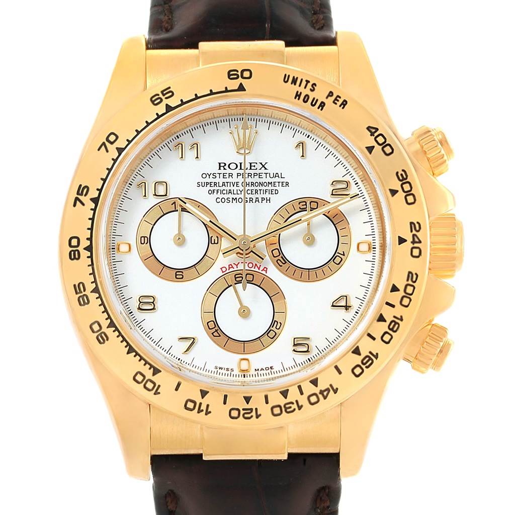This image shows a front view of a Rolex Daytona 116518 Men's Yellow Gold White Dial 116518 Men's Yellow Gold White Dial watch, highlighting its gold bezel, dial, sub-dials, and leather strap.