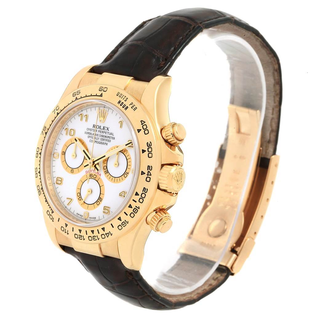 This Rolex Daytona 116518 Men's Yellow Gold White Dial 116518 Men's Yellow Gold White Dial watch is shown at a three-quarter angle, displaying the dial, case, crown, and leather strap.