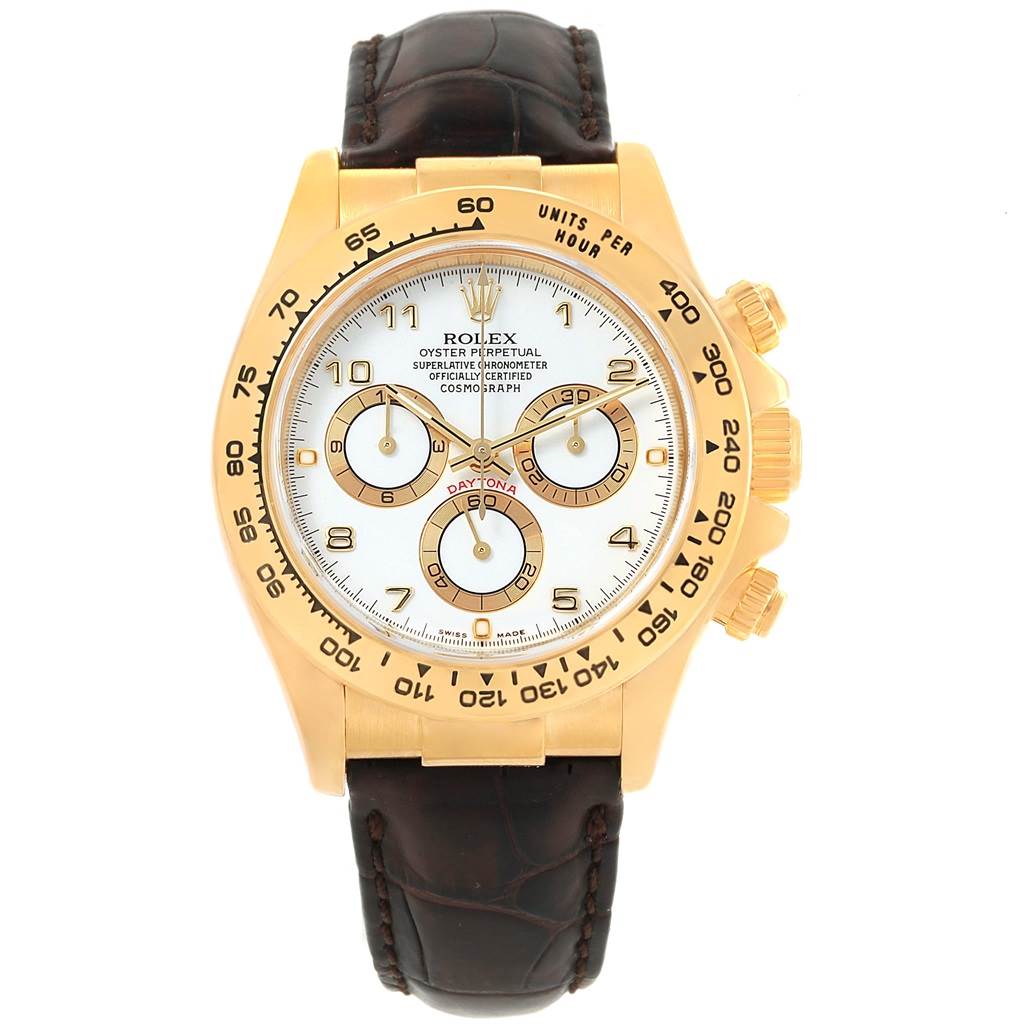 The Rolex Daytona 116518 Men's Yellow Gold White Dial 116518 Men's Yellow Gold White Dial watch is shown from the front, displaying the face, bezel, sub-dials, and leather strap.