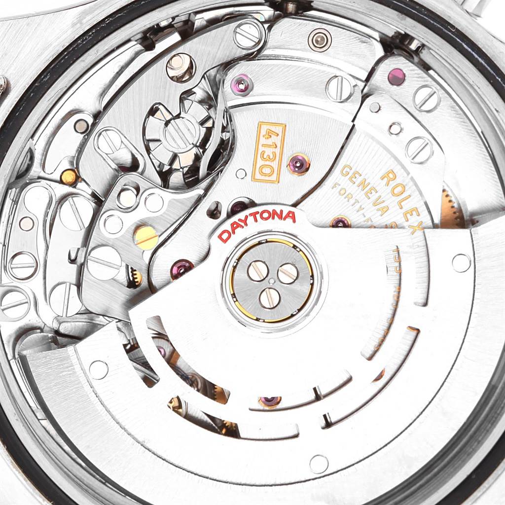 This image shows the movement and intricate components of a Rolex Daytona 116520 Men's Stainless Steel White Dial 116520 Men's Stainless Steel White Dial watch from the back.