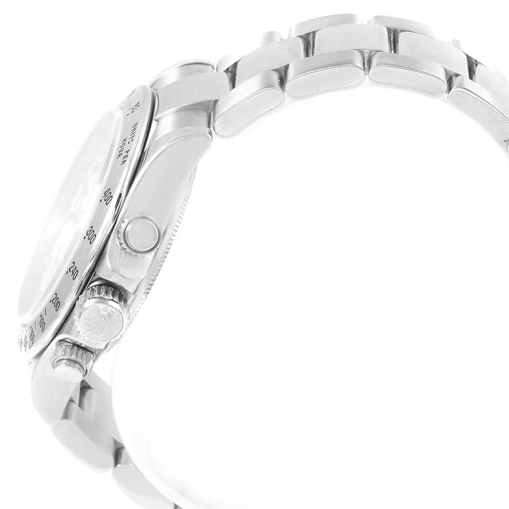 This image shows the side profile and bracelet of a Rolex Daytona 116520 Men's Stainless Steel White Dial 116520 Men's Stainless Steel White Dial, including the crown and pushers.