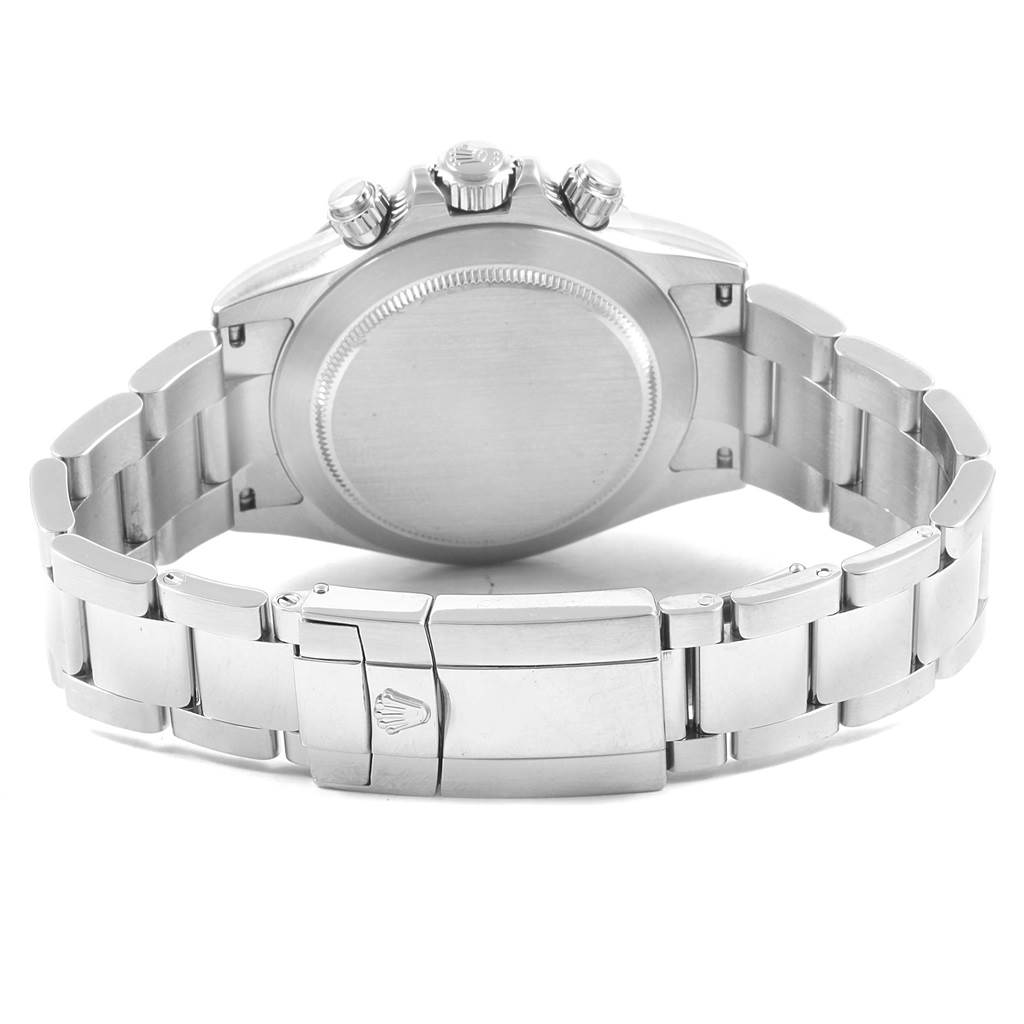 This Rolex Daytona 116520 Men's Stainless Steel White Dial 116520 Men's Stainless Steel White Dial watch is shown from the back, highlighting the case back and stainless steel bracelet with the Rolex clasp.