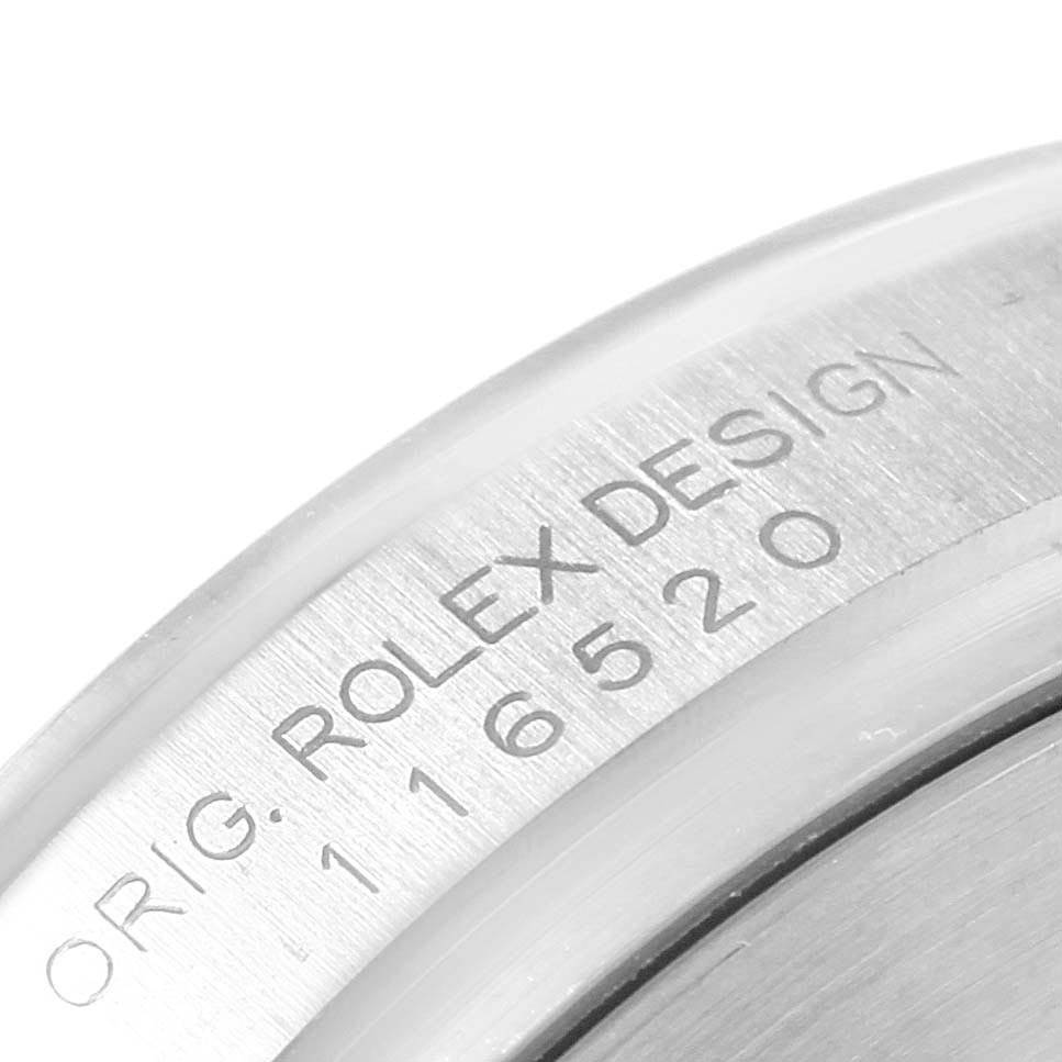 This image shows the side view of a Rolex Daytona 116520 Men's Stainless Steel Black Dial 116520 Men's Stainless Steel Black Dial watch case, highlighting the "ORIG. ROLEX DESIGN" engraving and model number 116520.