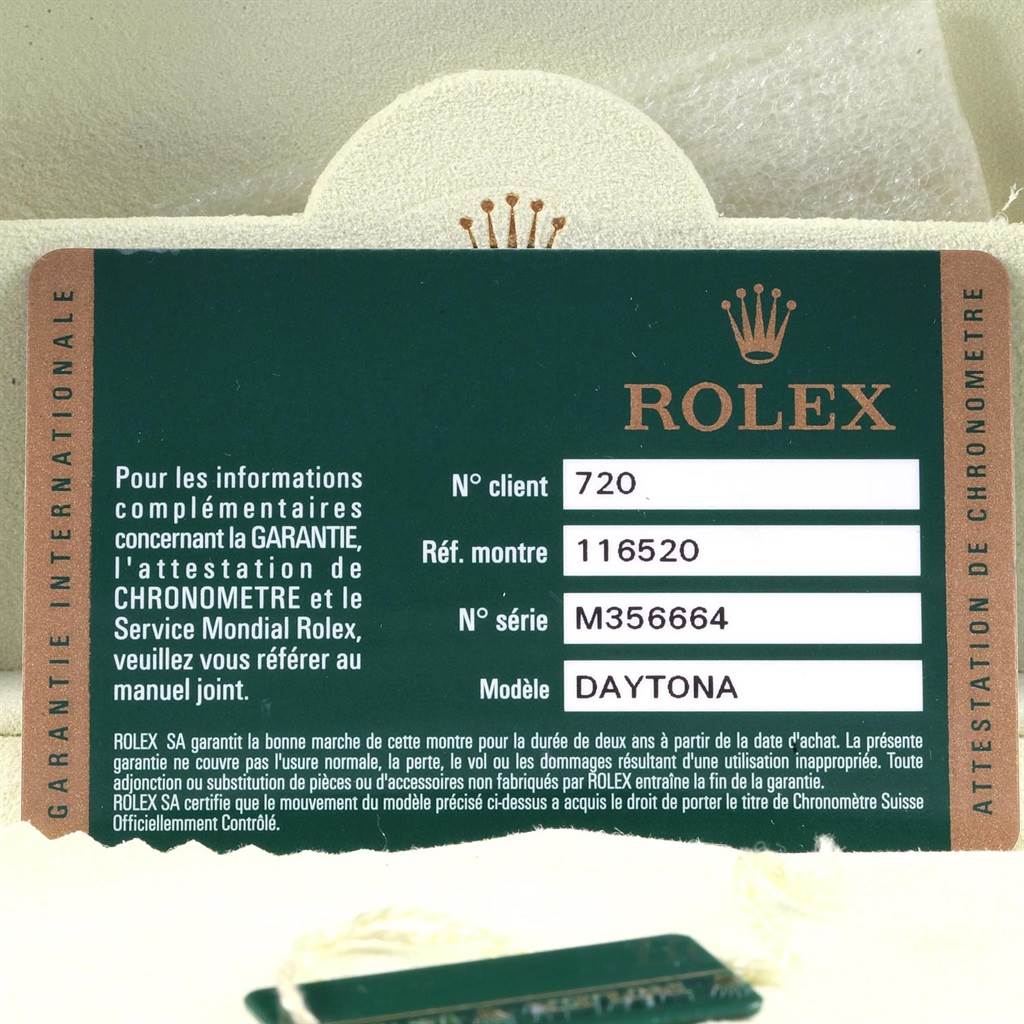 The image shows the warranty card for a Rolex Daytona 116520 Men's Stainless Steel Black Dial 116520 Men's Stainless Steel Black Dial model, displaying client number, reference number, and serial number.