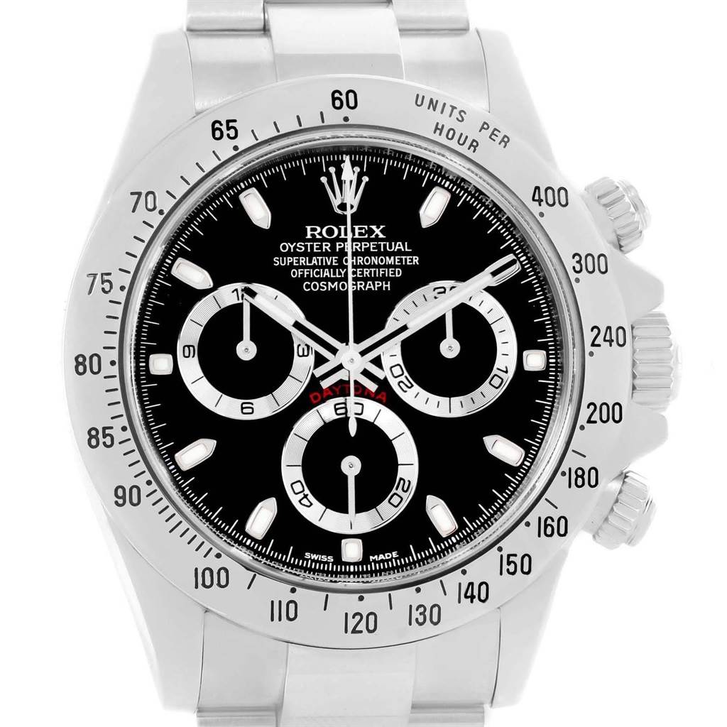The image shows a front view of a Rolex Daytona 116520 Men's Stainless Steel Black Dial 116520 Men's Stainless Steel Black Dial watch, displaying its dial, case, and pushers.