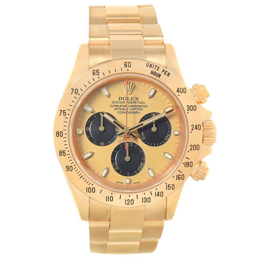 This is a front view image of a Rolex Daytona 116528 Men's Yellow Gold Champagne Dial 116528 Men's Yellow Gold Champagne Dial watch, showcasing its dial, bezel, and bracelet.