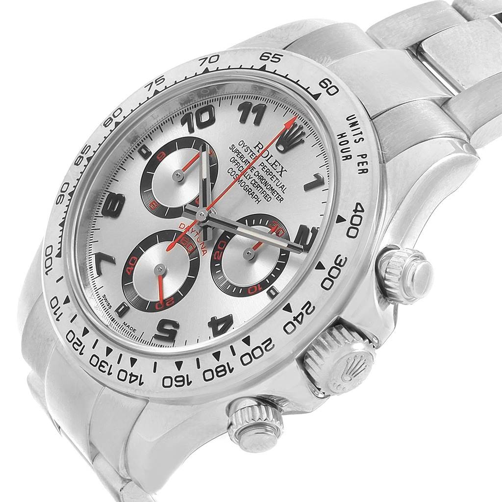 The image shows a close-up side angle of the Rolex Daytona 116509 Men's White Gold Silver Dial 116509 Men's White Gold Silver Dial watch with its face, bezel, crown, and chronograph pushers visible.