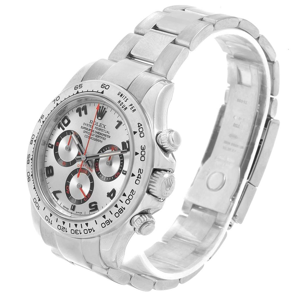 The image shows a Rolex Daytona 116509 Men's White Gold Silver Dial 116509 Men's White Gold Silver Dial watch angled to display the dial, crown, pushers, and bracelet.